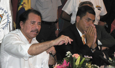 Ortega e Correa durante l'annuncio del presidente nicaraguense (© Foto G. Trucchi)  
