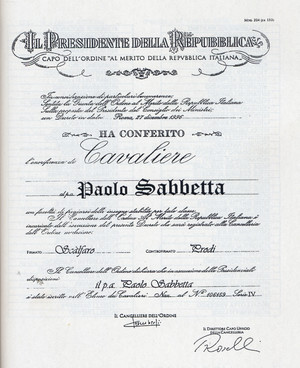 Onorificenza di Cavaliere al merito della Repubblica italiana concessa a Paolo Sabbetta. (Riconoscimenti)