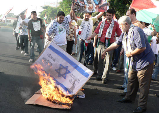 Bandiere israeliane sono state bruciate durante la manifestazione (© Foto G. Trucchi)