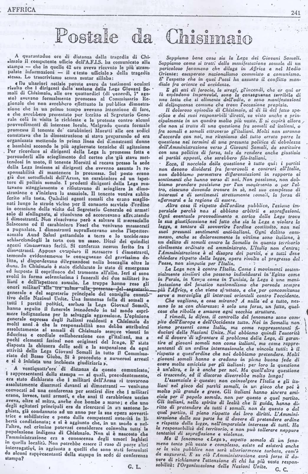 Cronaca de " Il Postale di Chisimaio" sull'assassinio dei carabinieri (6° Eccidio di Chisimaio)