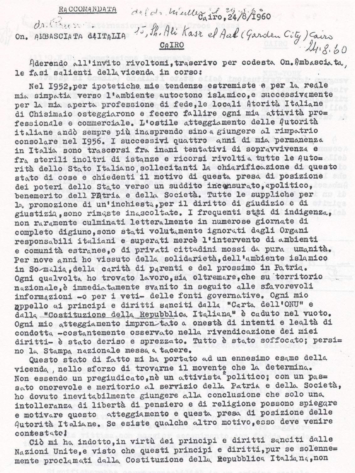 Lettera descrittiva dei fatti all'Ambasciata italiana pg. 1 (8° Asilo Politico)