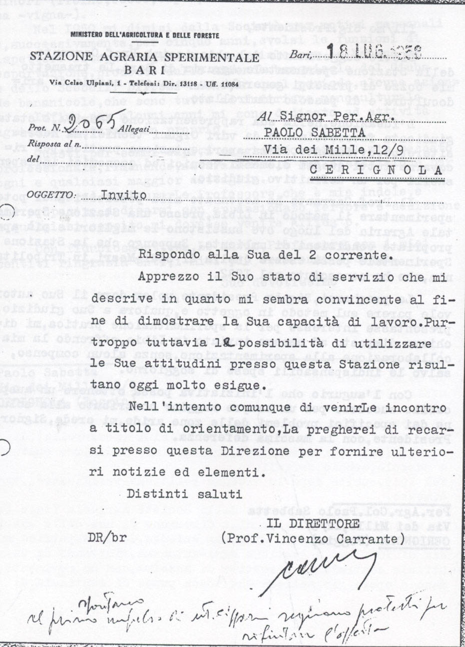 Lettera richiesta dati Sabbetta per assunzione presso la Stazione Agraria Sperimentale di Bari nella persona del dott. Carrante (9° Esilio in patria)