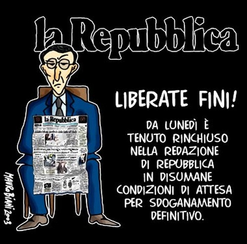 Clandestino. Appello diritti umani. http://www.repubblica.it/2003/k/sezioni/politica/finisr/marcia1/marcia1.html  Vignetta di Mauro Biani 
