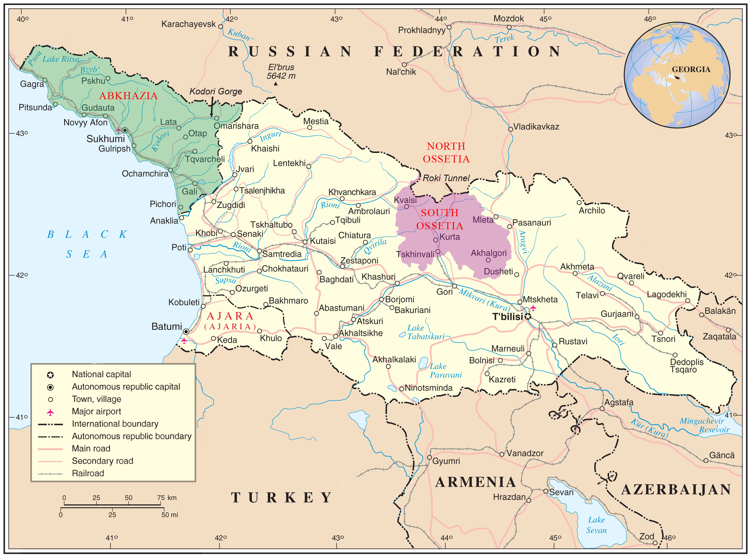Mappa della Georgia; sono evidenziate le repubbliche autonome di Abkhazia e Adjaria (indipendenti di fatto), e la regione autonoma dell'Ossezia del sud.