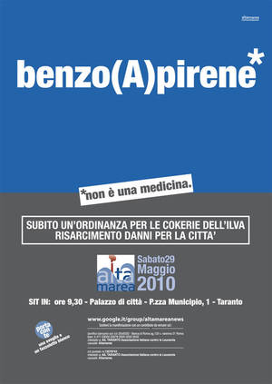 Benzo(a)pirene: questa è la locandina di maggio 2010 che annunciava il sit-in di Altamarea sotto al Municipio di Taranto