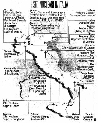 Mappa dei siti nucleari in Italia (fonte: Corriere della Sera 10-11-2003)