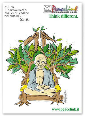 2 ottobre: Giornata Internazionale della Nonviolenza. L'ONU celebra la nascita di Gandhi. E anche PeaceLink celebra Gandhi con questo manifesto che puoi scaricare, stampare e attaccare dove studi o lavori. 
