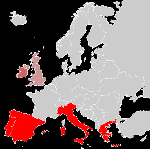 Maps shows a group of countries known as the PIGS (Portugal, Italy, Greece, Spain), shown in #FF0000. Since 2009, Ireland (#CC6666) and the United Kingdom (#CC9999) have been suggested as members, creating PIIGS or PIIGGS, the additional "G" standing for Great Britain.