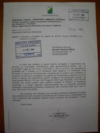 L'Avv. Valeri certifica e circoscrive in una lettera al SGR l'illeggittimità dell'Ordinanza del Sindaco di Cupello