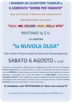 Incontro conclusivo del progetto ed esposizione a Taranto, piazza Caduti sul lavoro (il 6 agosto 2011, dalle h. 19.30).