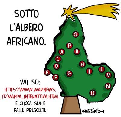 Sotto l'albero africano. Metti i piedi nel piatto del cenone e clicca su una palla a piacere. <br> Vignetta di <a href="mailto:broiolo@megatrix.it">Mauro Biani</a> ;  <a href="http://www.maurobiani.