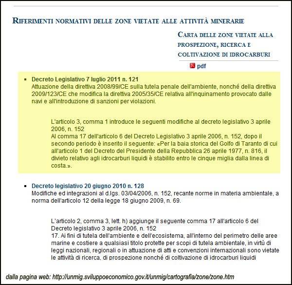Il decreto legislativo 121/2011 - nel Golfo di Taranto - consente trivellazioni di idrocarburi liquidi a sole 5 miglia dalla "linea di costa" 