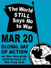 "Il mondo dice ancora no alla guerra". Logo della manifestazione internazionale indetta dai pacifisti americani per il 20 marzo 2004.