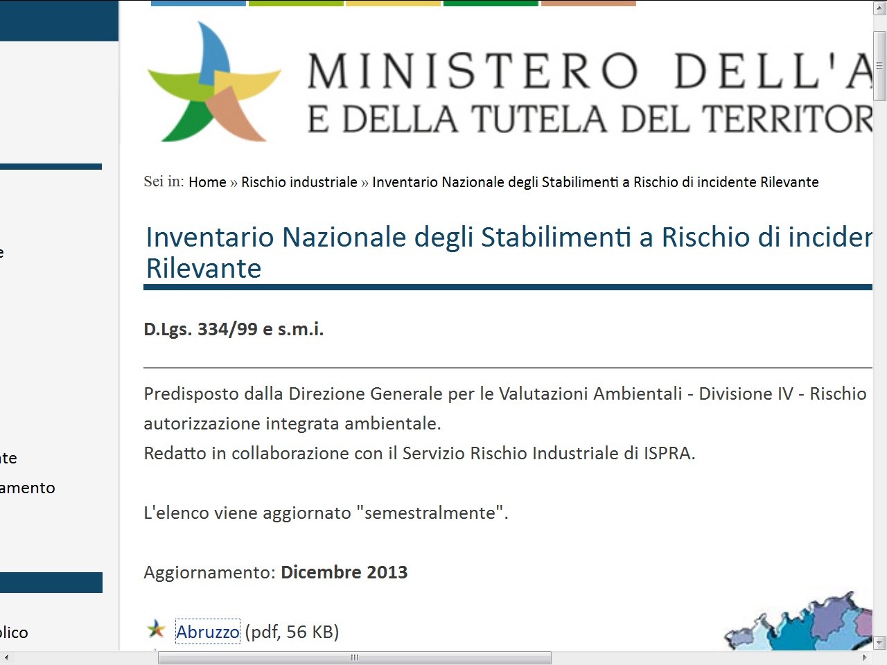 screenshot del sito del Ministero dell'Ambiente, pagina dell'Inventario Nazionale Stabilimenti a rischio incidente rilevante