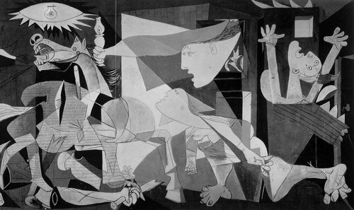 Guernica, Picasso. Questo quadro voleva rappresentare una sorta di manifesto contro la crudeltà e l'ingiustizia delle guerre. Vedendo il quadro di Guernica, le truppe d'occupazione naziste, a Parigi, assieme all'ambasciatore tedesco, domandarono a Picasso: "Lo avete fatto voi?" E lui rispose: "No, lo avete fatto voi".