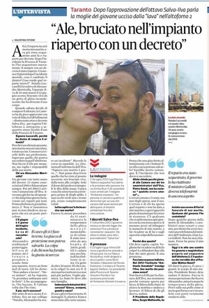 Un operaio ILVA, Alessandro Morricella,  è morto nell'altoforno 2, bruciato vivo. Il Fatto Quotidiano ha intervistato la moglie che dichiara: "Voglio giustizia. Lo Stato lo deve alla mia famiglia".