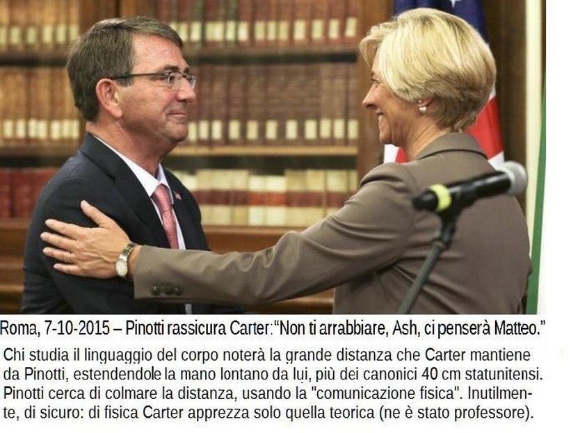 Italian Defense Minister Roberta Pinotti, right, and US Secretary of Defense Ashton Carter  in Rome, Oct. 7, 2015.