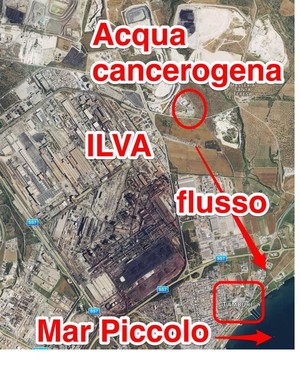 Falda inquinata nell'area Pasquinelli (tondino rosso), vicino alla masseria La Riccia