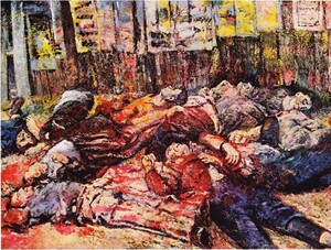 La strage di Piazzale Loreto fu un eccidio avvenuto a Milano il 10 agosto 1944. Quindici partigiani furono fucilati dai fascisti per ordine del comando di sicurezza nazista. Il quadro è di Aligi Sassu.