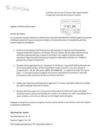 Documento consegnato al sindaco di Taranto, Ippazio Stefàno, il 23 settembre 2016 dalla delegazione di Tuttamialacittà in presidio sotto al Comune.