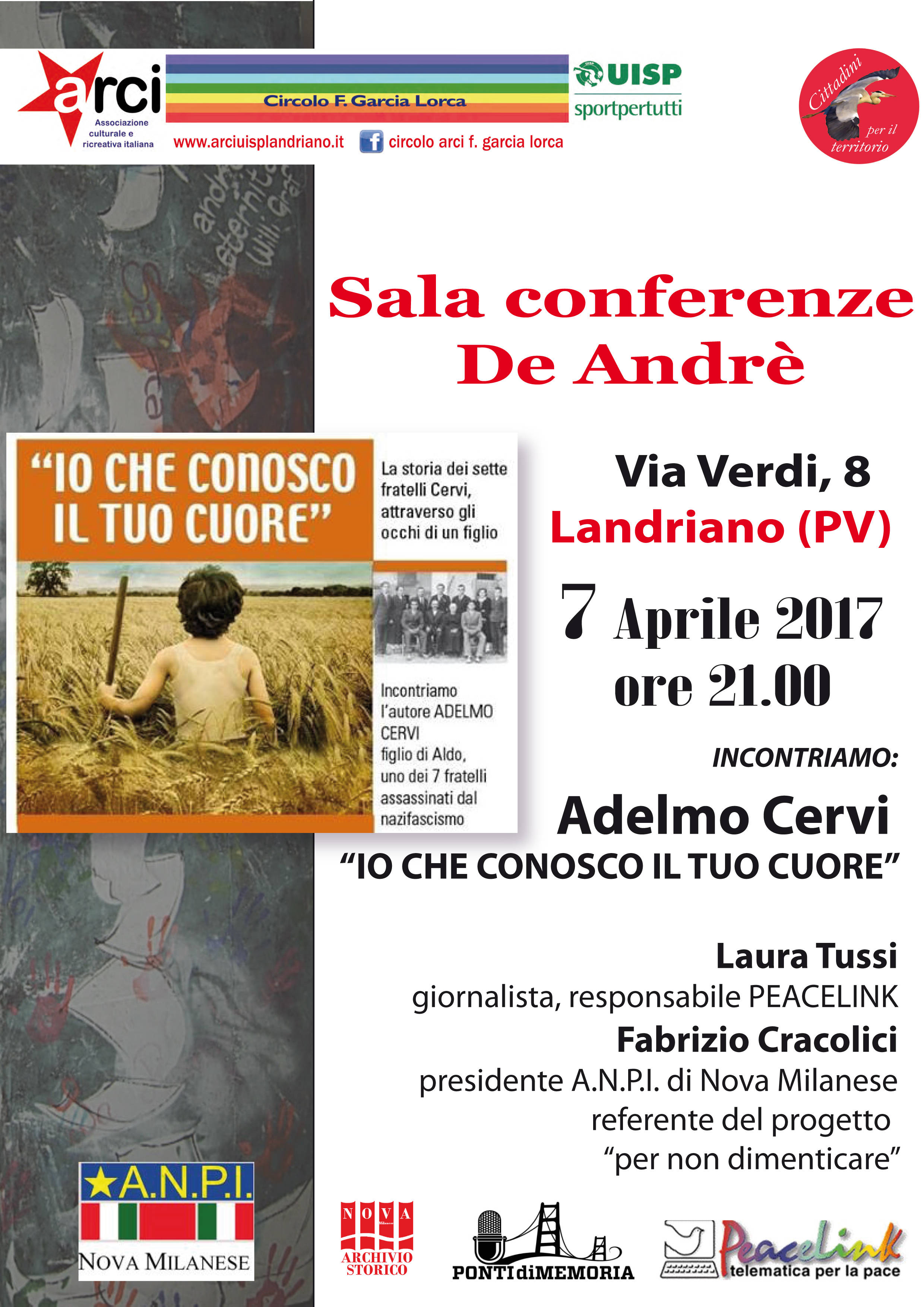 Adelmo Cervi a Landriano (Pavia) Sala Conferenze "Fabrizio De André" - Venerdì 7 APRILE ore 21.00