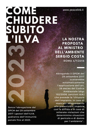 PeaceLink chiede la chiusura dell'area a caldo dell'ILVA di Taranto e a tal fine incontra il ministro dell'Ambiente Sergio Costa. Clicca qui per leggere il dossier scritto appositamente per il Ministro.