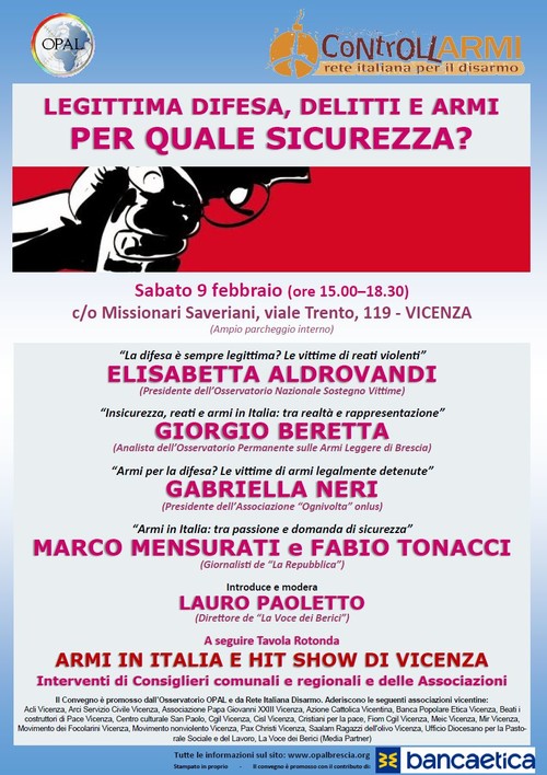 Locandina convegno "Legittima difesa, delitti e armi in Italia: per quale sicurezza?", Vicenza 9 febbraio 2019