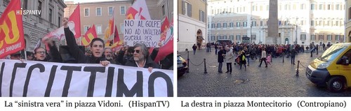 NOTA:  E' stato necessario ricorrere alle TV straniere e ai giornali alternativi on-line per avere immagini di questa manifestazione pro Maduro in quanto i mass media mainstream non l'hanno voluto riprendere o far vedere.  Peraltro, lo stesso luogo concesso dalla Questura per l'evento, piazza Vidoni, è risultato poco visibile a chi passava, con la vista bloccata dai camion della polizia.