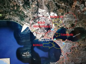 Mappa di Taranto, con il polo industriale e i tre quartieri più vicini: Tamburi, Paolo VI e Borgo