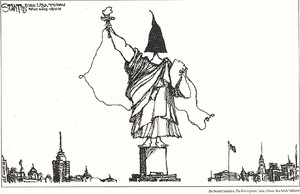 La statua della tortura sostituisce la statua della libertà. Il disegno è aparso sul quoatidiano Usa Today del 15 maggio 2004.