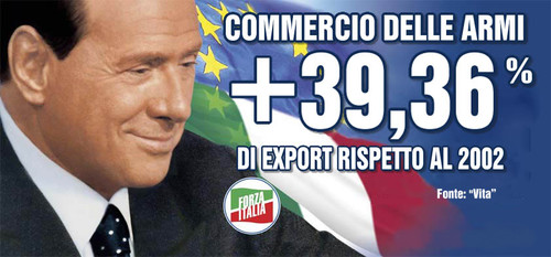 Un altro grande successo del governo in carica: l'aumento dell'export di armi italiane. Manifesto di Mauro Biani - www.maurobiani.splinder.it