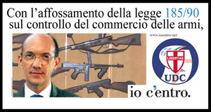 Che ruolo hanno avuto i partiti di ispirazione cattolica nello stravolgimento della legge 185/90 sul commercio delle armi? Manifesto di Mauro Biani - www.maurobiani.splinder.it