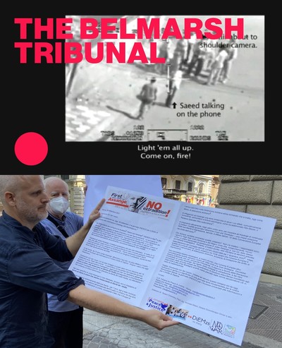 Belmarsh Tribunal "Collateral Murder" poster and the hand-delivery of a gigantic letter to the European Union headquarters in Rome