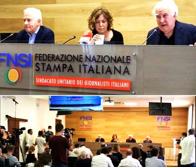 Da destra: Michele Santoro, Sabrina Guzzanti e Marco Tarquino alla conferenza stampa da loro indetta presso la FNSI per lanciare un appello al Parlamento italiano a favore di un pluralismo di informazione riguardante i temi di guerra e pace.  