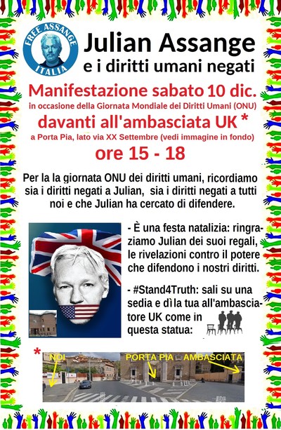 Sit-in per la liberazione di Julian Assange davanti all’Ambasciata Britannica di Roma Sabato 10 dicembre 2022, dalle 15 alle 18 Porta Pia (lato via XX settembre) – ROMA
