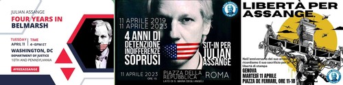 Manifesti per i tre eventi l'11 aprile 2023 per ricordare i quattro anni di prigionia di Julian Assange.