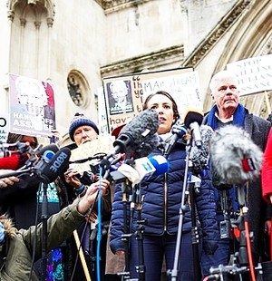 Stella Morris speaks on the appeal ruling.jpg  On 24 January 2022, Julian Assange's defence team won the right to take his extradition case to the UK's Supreme Court.  When Julian Assange's partner, Stella Morris, left the High Court in London she gave a brief speech to a crowd of supporters and the press
