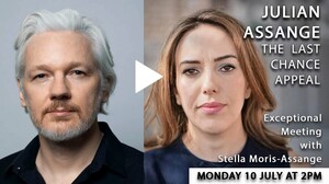 Julian Assange: The Last Chance Appeal. Exceptional meeting with Stella Moris-Assange, Monday, July 10 at 2pm. Imagen extraída de la videoconferencia del Club Suisse de la Presse (Imagen de Club Suisse de la Presse)
