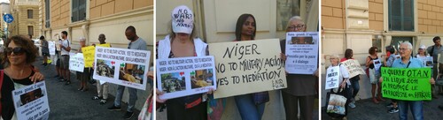 Tre dettagli dei manifestanti davanti all'ambasciata della Nigeria a Roma, 17 agosto 2023.