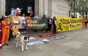 Activists outside Australia House, London, 2 September 2023.  