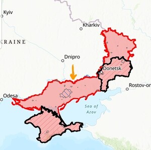 La freccia arancione indica il punto su cui si sta concentrando la controffensiva ucraina. In rosso i territori occupati dai russi.
