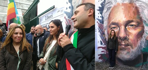A Scampia in mattinata, nella presenza di Stella Assange (a sinistra), il Presidente del Municipio, Nicola Nardella, inaugura un murale di Julian Assange realizzato dall'artista Trisha Palma (al centro).