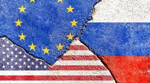 Bandiere russa, Usa e Ue