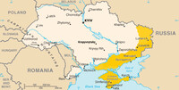 La situazione dell'Ucraina all'inizio del 2024. In arancione le aree occupate dalla Russia.