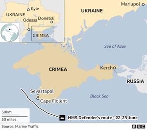 Stando a quanto dichiarato da Mosca dopo l’incidente, alle 11.52 del 23 giugno l’HMS Defender è entrata nelle acque territoriali afferenti la Crimea spingendosi per circa 2 miglia marine (3,7 km) al di là la linea delle 12 miglia. In quel momento la nave stava in pratica sfiorando la Crimea nei pressi di Capo Fiolent.