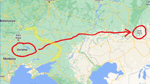 In giallo viene evidenziato confine fra Ucraina e Russia e in rosso è evidenziato il tragitto in profondità sul territorio della Russia fino a colpire il radar strategico di Orsk.