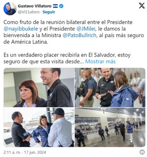 Il tweet del ministro salvadoregno Gustavo Villatoro
