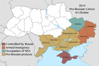 Proteste filorusse in Ucraina del 2014. Dalla fine di febbraio 2014 diverse dimostrazioni da parte dei manifestanti filorussi e dei gruppi antigovernativi hanno avuto luogo nelle maggiori città dell'Ucraina orientale e meridionale, come conseguenza dell'affermarsi del movimento Euromaidan e della rivoluzione ucraina. Durante la prima fase dei disordini, la Crimea fu annessa alla Russia dopo una crisi nella regione, l'intervento militare russo e un referendum contestato in ambito internazionale. 