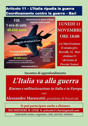 Incontro di approfondimento sulle spese militari  dell'11 novembre 2024 a Bari, relatore Alessandro Marescotti (presidente PeaceLink)