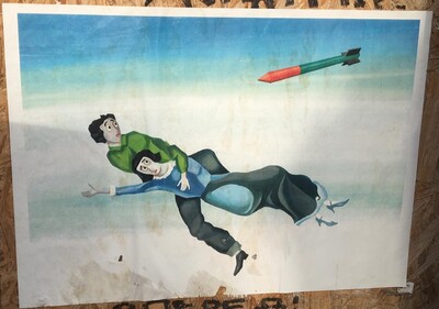 Il celebre dipinto di Chagall "Above the town" (1917) riprodotto come murales... con missile.